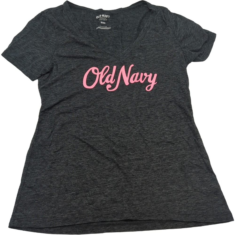 Old Navy Womens Vintage V-Neck T-Shirt Gray Pink Script Logo Size Medium